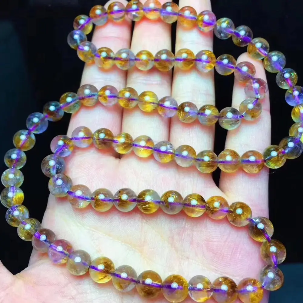 

7.2mm Natural Purple Rutilated Quartz Crystal Bracelet For Woman Lady Man Energy 3 Laps Round Beads Stone Stretch Jewelry AAAAA