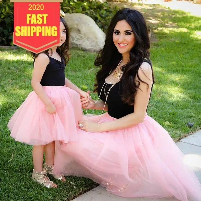 

Keelorn Mom and Daughter Dress Pink Patchwork Mesh Princess Dress Mother and Daughter Clothes Family Look Mother Daughter Dress