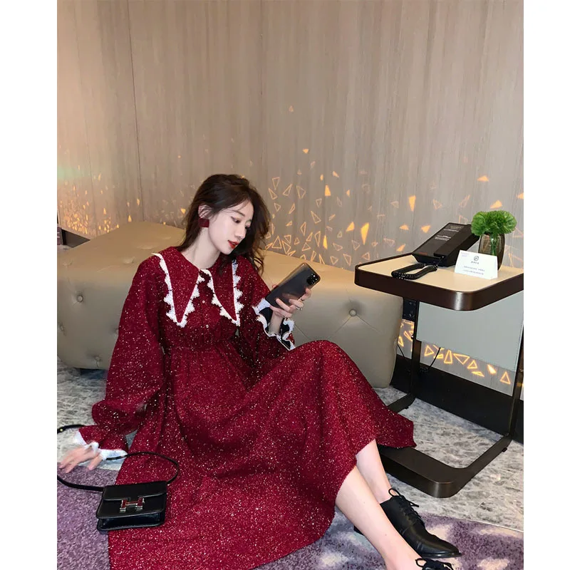 

Red Navy Collar Dress Europe And America New Style Korean-style Loose-Fit Waist Hugging Long Sleeve Skirt Thick Long over-the-Kn