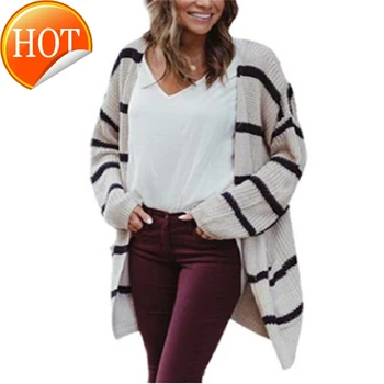 

3XL Plus Size Autumn Korean Striped Long Cardigan Women Loose Pockets Vintage Knit Sweater Red Jumper LS94