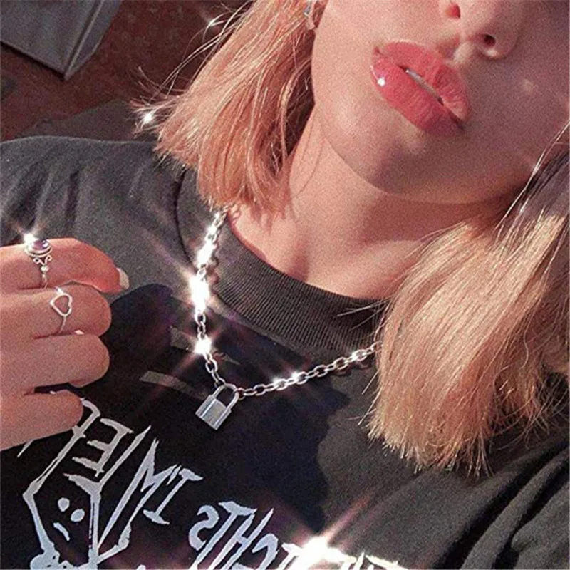 Cadena Punk para hombre y mujer, collar con colgante con candado, Color dorado y plateado, joyería de Moda Gótica con estilo, 2019
