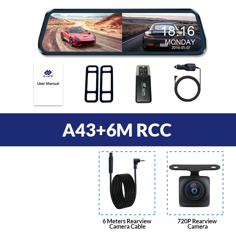 E-ACE, 10 дюймов, сенсорный автомобильный видеорегистратор, зеркальная камера, FHD 1080 P, видеорегистратор, автомобильная камера, потоковое зеркало заднего вида с камерой заднего вида