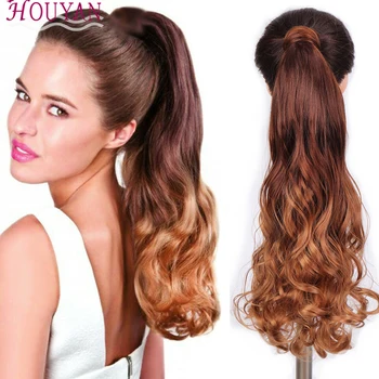 

HOUYAN Ombre Curly Wave Hair Extension Rolled Horsetail Ponytail Clip Tail falseHair Extension Wrap Synthetic Ponytail