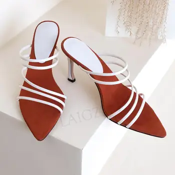 

LAIGZEM Women Sandals Straps Slim Heels Mules Slides Concise Sandalia Anti Slipper Scarpe Donna Design Shoes Woman Size 33 39 40