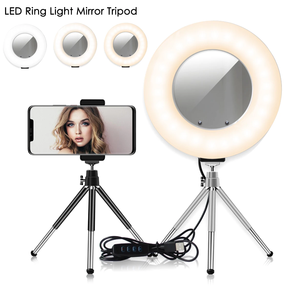 LED Ring Light 4-In-1 Table Top Dimmable With Mirror Tripod Stand Cell Phone Holder USB LED Ring Lights For Live Studio Makeup