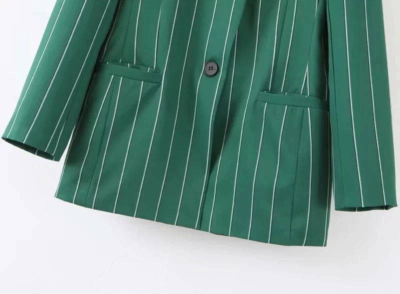 Осень полосатый принт зеленый Блейзер, женский пиджак костюм на каждый день Длинные рукава офисные женские Блейзер Пальто Верхняя одежда в уличном стиле