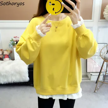 

Hoodies Women O-Neck Simple Loose Solid All-match Sweet Pink Lovely Womens Leisure Pullover Harajuku Hoodie Students Long Sleeve