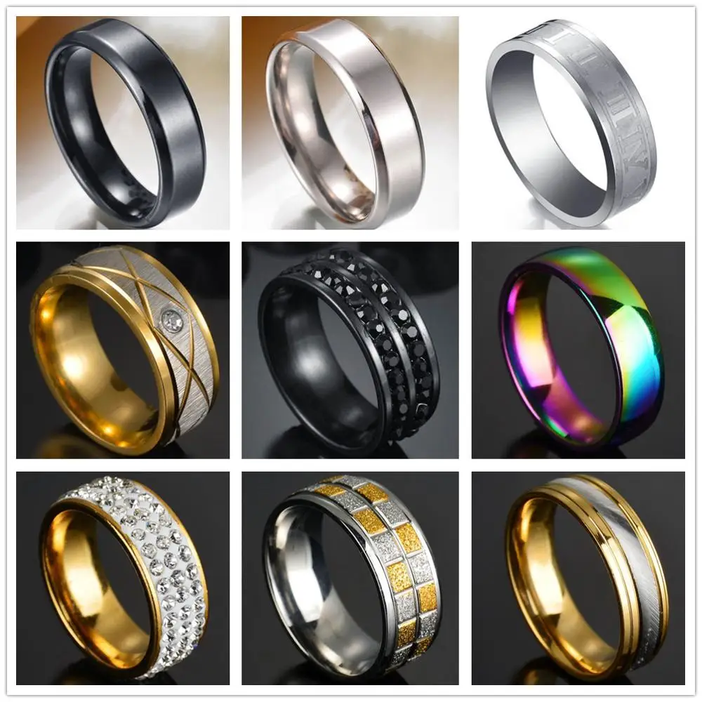 Cool Stainless Steel Rainbow Men Ring High Quality Black Crystal Trendy Rings Chain Punk Women Jewelry for Party Gift | Украшения и