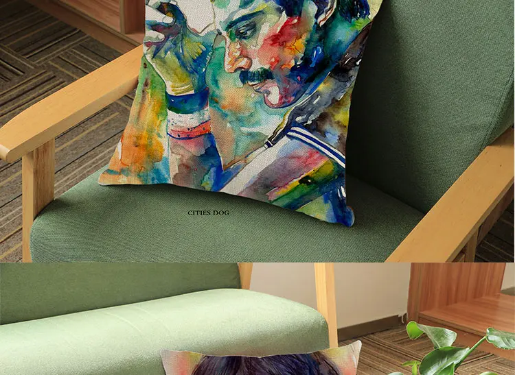 Персонаж Фредди Меркьюри окрашенная Акварельная льняная подушка, подушка для дома, гостиной, дивана, наволочки, подушки