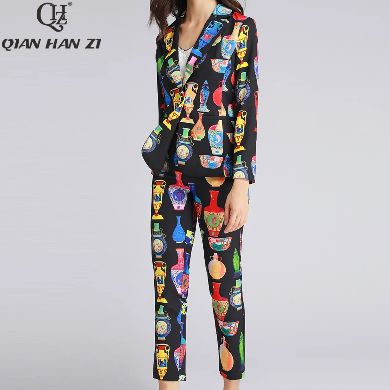 Qian Han Zi/осенне-зимнее дизайнерское модное пальто комплект из 2 предметов, Женское пальто на одной пуговице+ ваза, принт, длина по щиколотку, брюки, костюм
