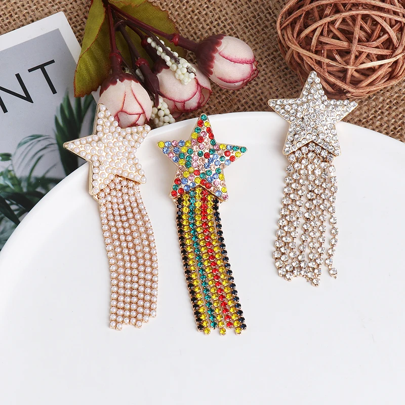 JURAN Rhinestone Trendy Women Dangle Tassel Earrings Star-studded Fringed Earrings Long-style Female Jewelry