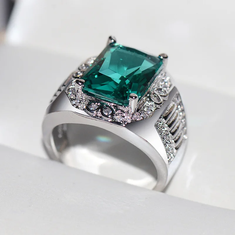 

Luxury Female Male Engagement Big S925 Silver Rings For Men Women Yellow Gold Vintage Wedding Bands Square Green Stone Gift