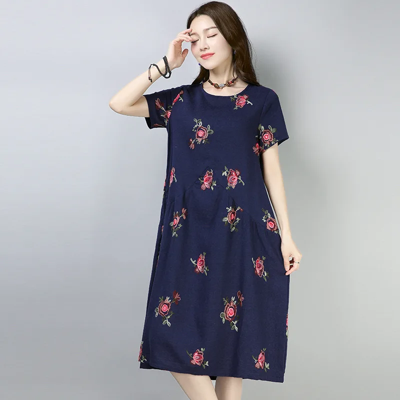 

Large Size Cotton Linen WOMEN'S Dress National Wind Embroidered Loose-Fit Mid-length Short-sleeve Dress Women's 2019 Summer Wear