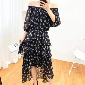 

2020 Early Autumn and Winter slash collor elastic waist floral Printed Ruffles Irregular long chiffon Dress