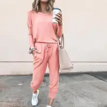 Повседневная Женская спортивная одежда, летний Свободный пуловер с длинным рукавом, толстовка, блузка, спортивные костюмы для фитнеса, модные штаны, комплект