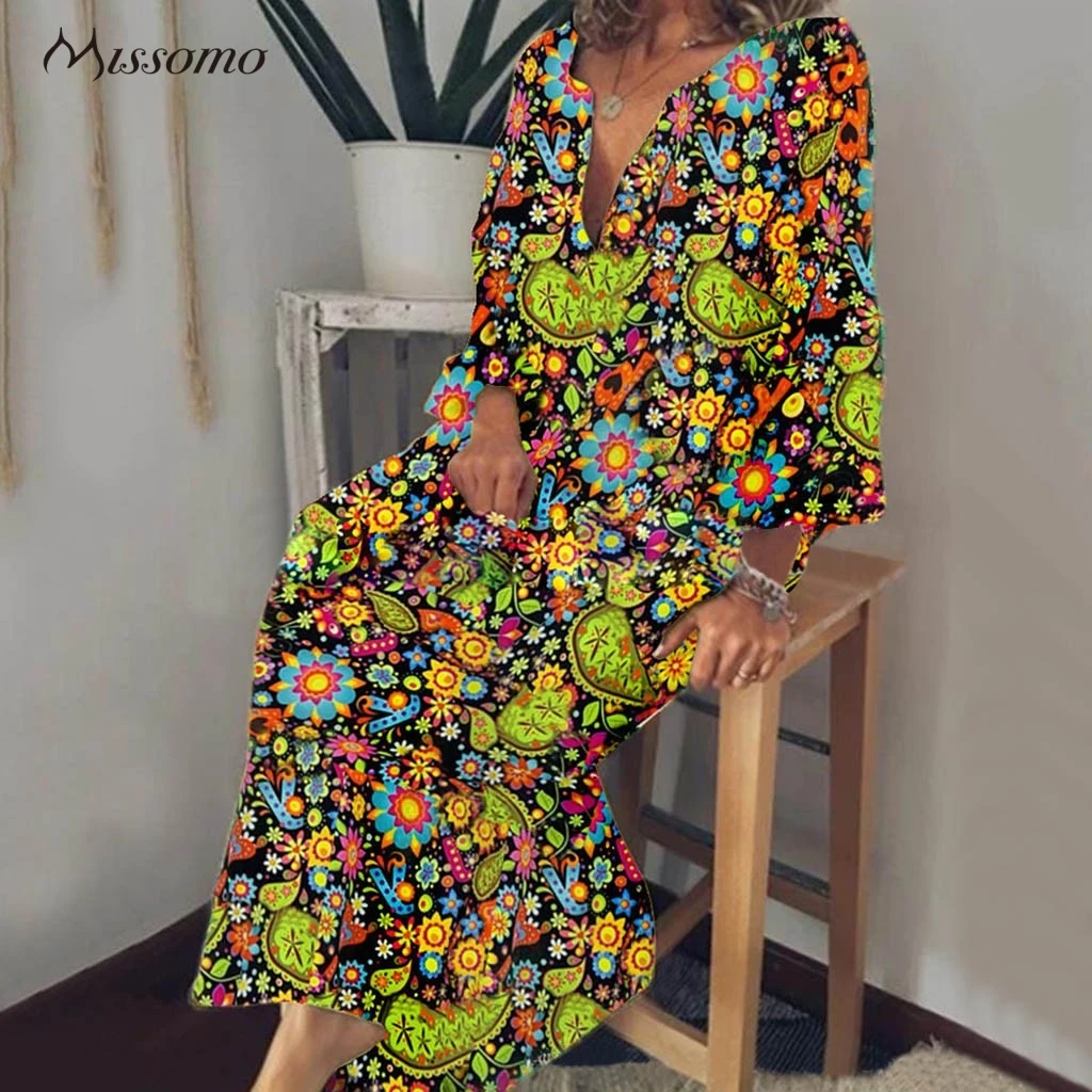 MISSOMO 5XL платье женские Платья повседневные Лоскутные 3/4 рукава v-образный вырез кнопки Высокий Низкий Подол размера плюс вечерние летние платья vestidos 12