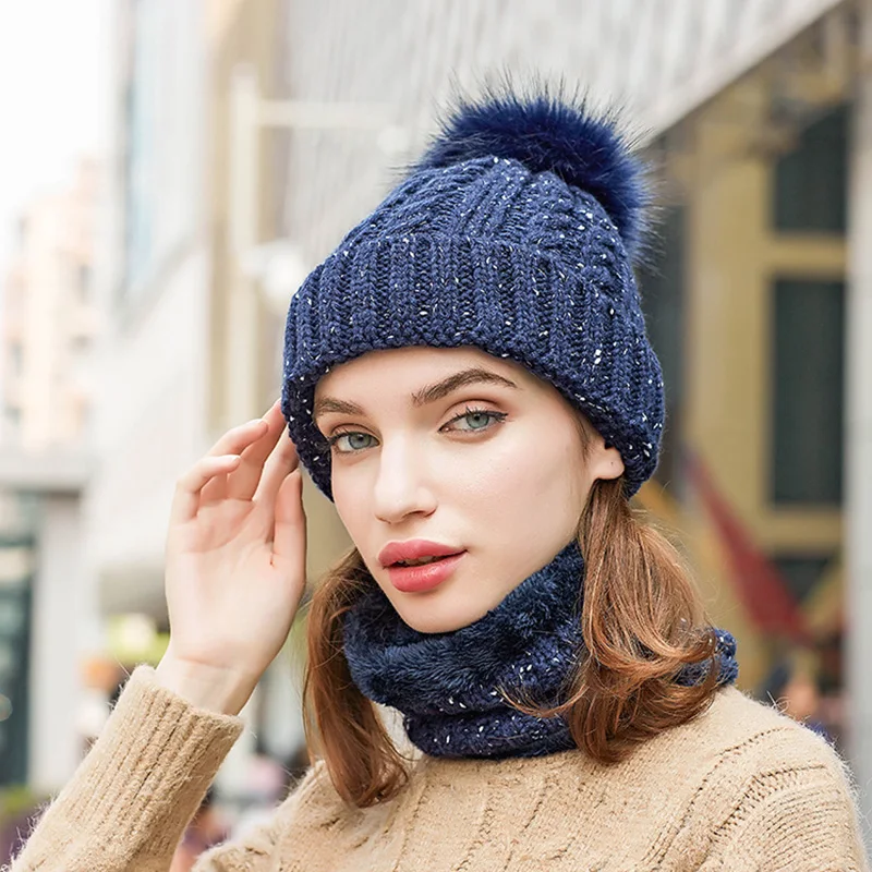 navy blue Теплая Зимняя Шапка-бини, шарф, женская меховая шапка с помпоном, одноцветная, утолщенная, плюс плюшевая шапка, шейный воротник, женские шарфы - Цвет: navy blue
