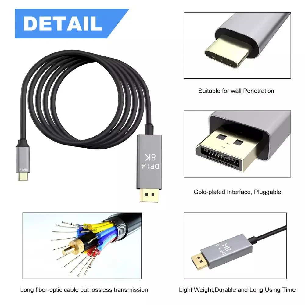 USB C to DisplayPort Cable 8K@60Hz 4K@144Hz 2K@240Hz 32.4Gbps Type-C  Thunderbolt