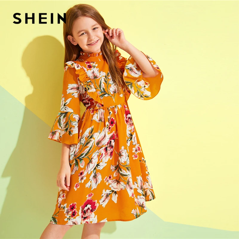 SHEIN/детское милое платье для девочек со стоячим воротником с цветочным принтом и рюшами; коллекция года; летние платья до колена с рукавами-воланами