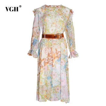 

VGH Print Floral Ruffle Two Piece Set For Women O Neck Flare Sleeve High Waist Sashes Female Suits 2020 Spring Fashion Clothing