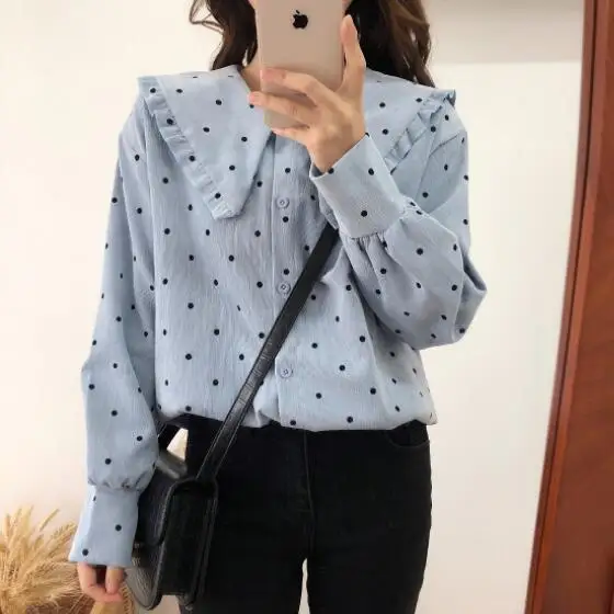

White,Blue Polka Dot Shirt Blouse Korean Fashion Students Women Doll Collar Long Sleeve Corduroy Tops and Blouses