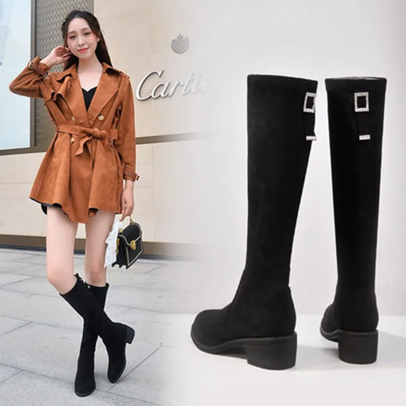 

High boots women's elastic boots autumn and winter new all-around thin leg high boots thick heel high boots