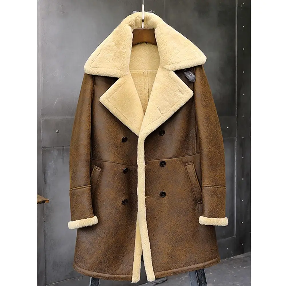 Мужская коричневая короткая куртка B3 летная куртка из Овчины Авиатор Длинные мужские зимние пальто меховая кожаная куртка-бомбер Тренч