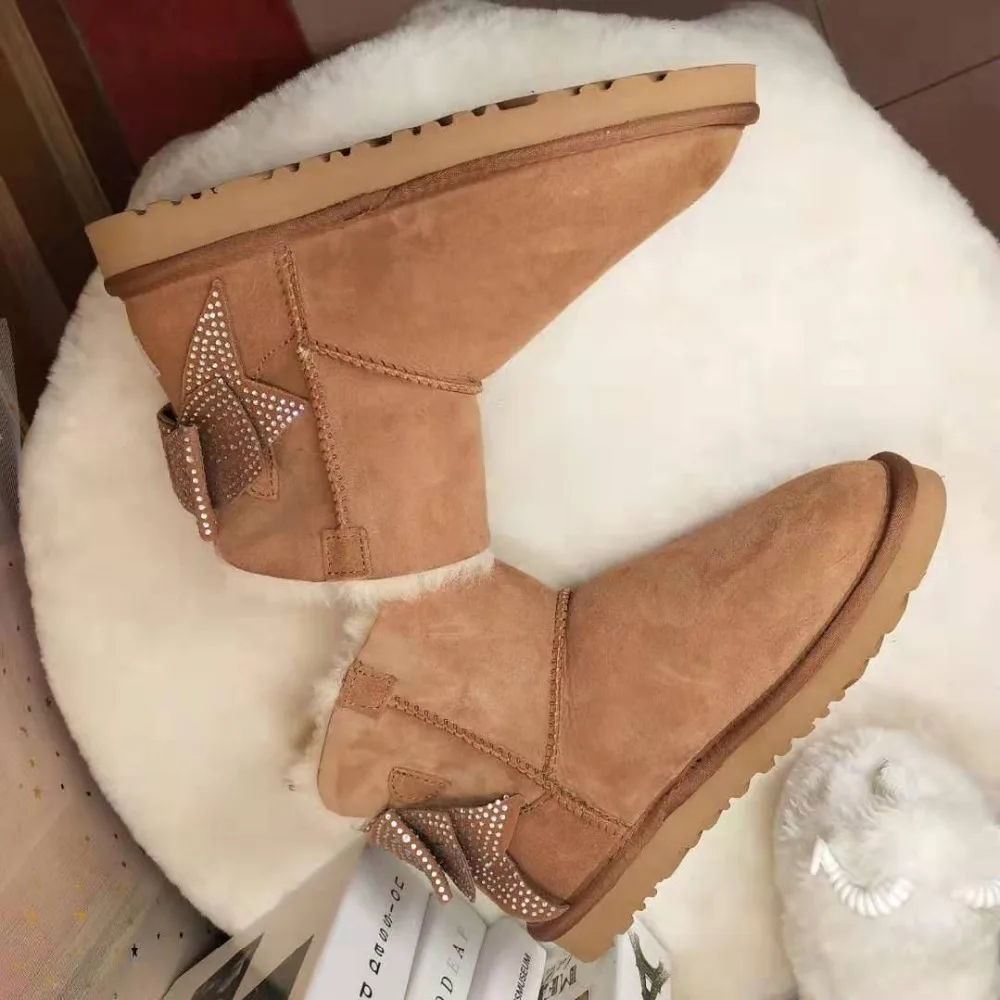 Fashion Real Sheepskin Women's Winter Classic Woman Snow Boots Mid Calf Genuine Sheepskin Women Boots Women Shoes