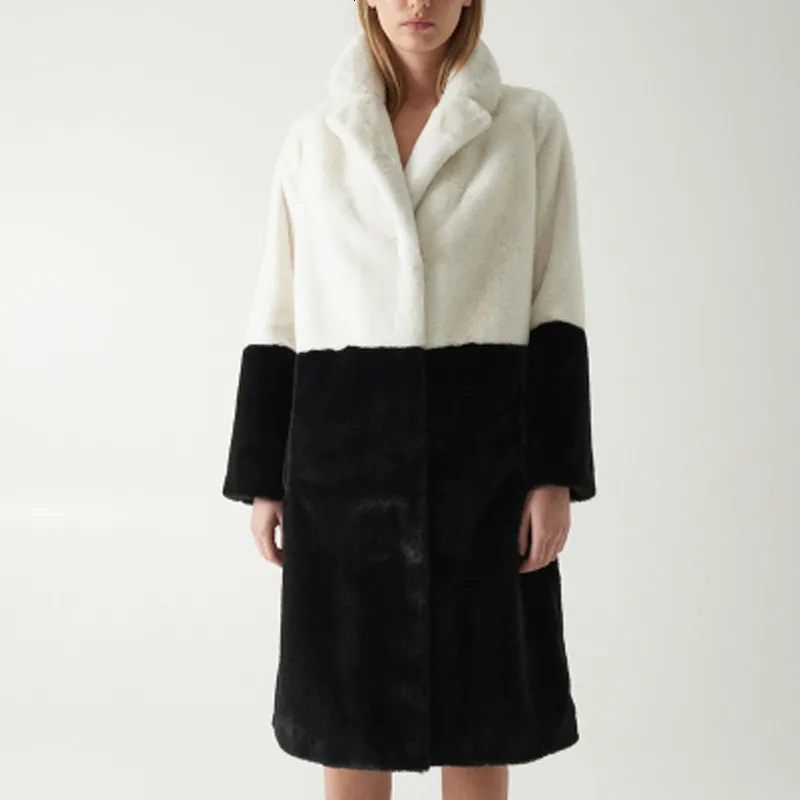

[EWQ] Long Sleeve Stitching Contrast Color Thick Winter Warm Overcoat European Lamb Fur Wool Woolen Coat QL004 2019 Winter New