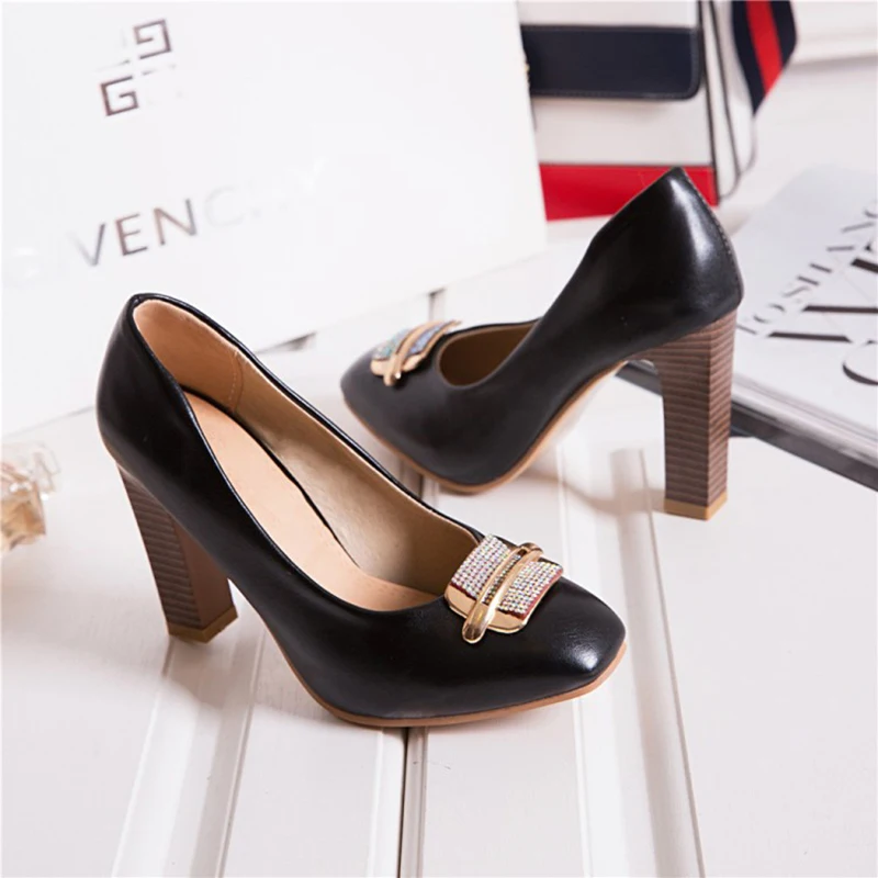 Kolnoo Handmade Womens Chunky Heels Pumps Slip-On Round-Toe Metal&Rhinstones Sexy 3-Color Evening Party Prom Fashion Court Shoes