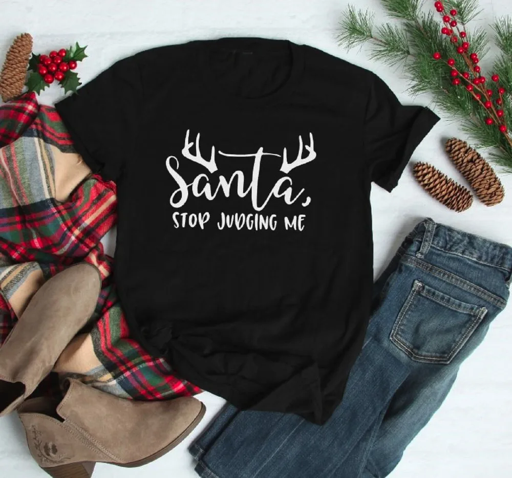 

New Holiday Party Tumblr Aesthetic T-shirt Goth Tee Top Santa Stop Judging Me Funny Merry Christmas Shirt Deer Graphic Women