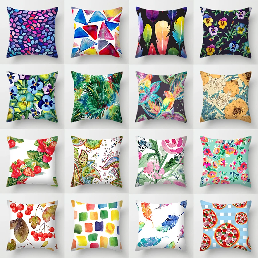 

Single-sided Printing Polyester Cushion Cover Flowers Rainbow Tropical Plants Parrot Bird Feather Decorative Green Pillow Case