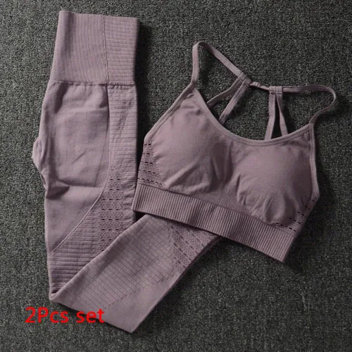 Brown 2Pcs Set Energy бесшовный комплект для йоги, женская одежда для фитнеса, спортивная одежда, женские леггинсы для спортзала, сексуальный спортивный бюстгальтер на бретельках, спортивные костюмы из 2 предметов - Цвет: Brown 2Pcs Set