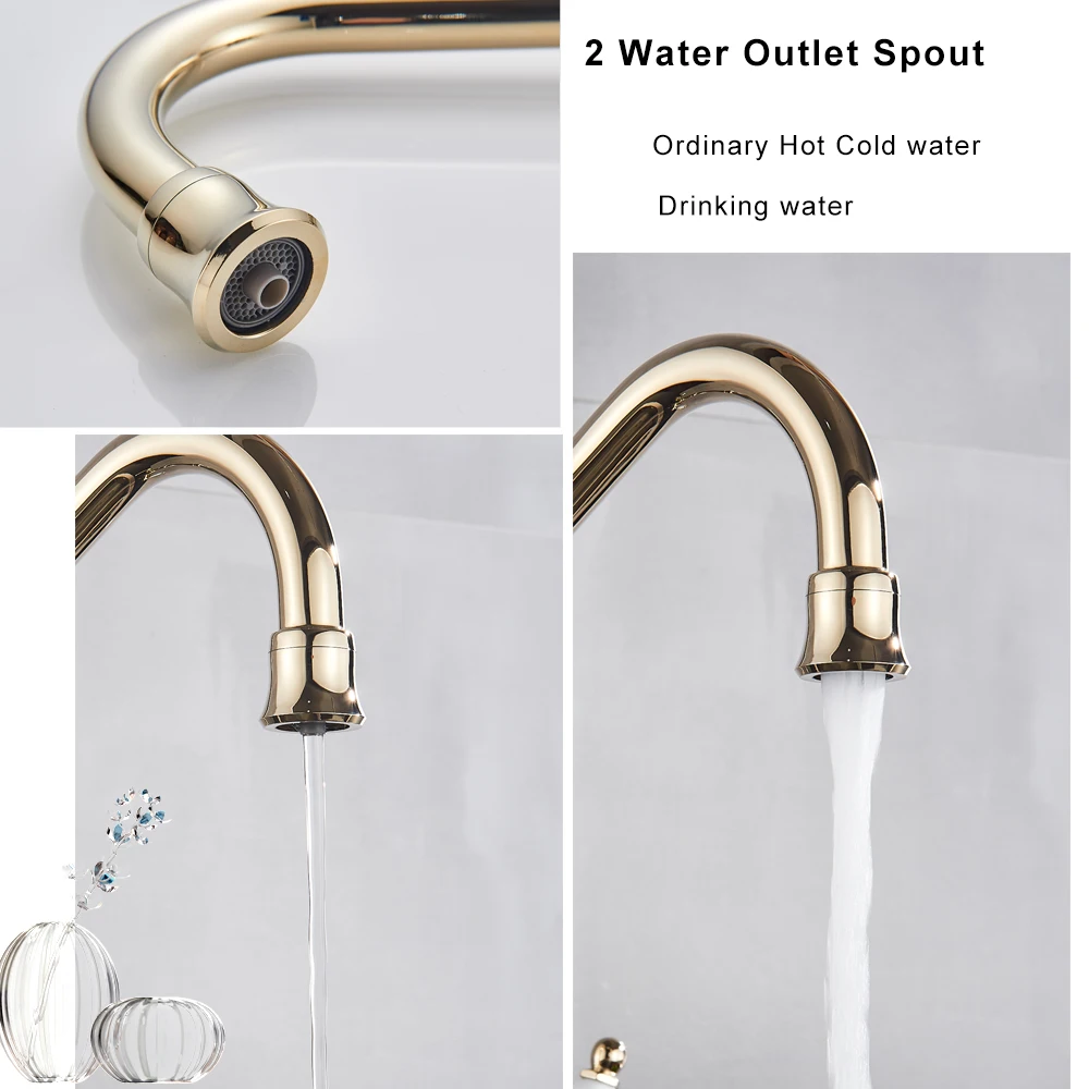 2 Way Spout Golden Drinking Water Purifier Faucet Swivel Kitchen Sink Mixer Tap