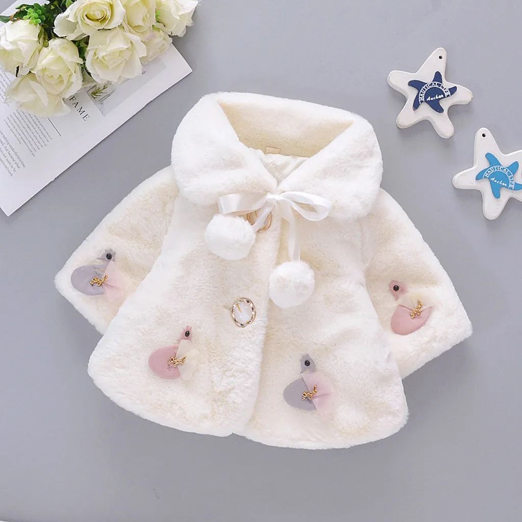 Sweet Toddler Baby Girls Winter Cartoon Bow Faux Fur Cape Cute Pompom Windproof Coat Warm Cloak Kids Clothes winterjas meisje