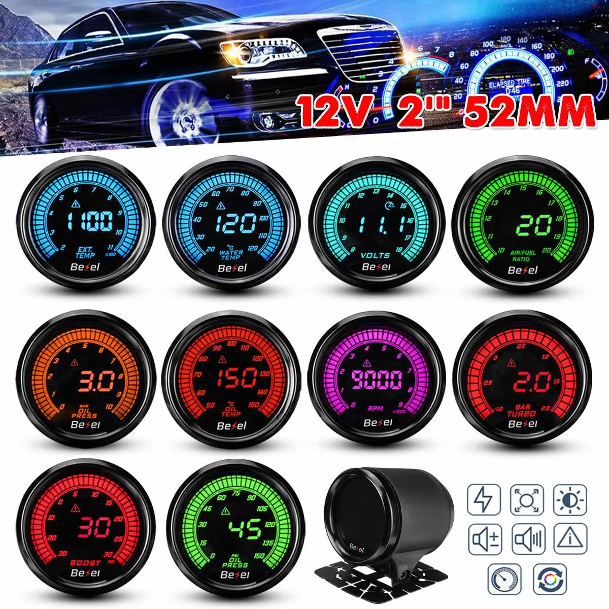 

2inch/52mm Car Boost BAR/ PSI/ Oil Press/ Oil Temp/Water Temp/RPM/Vacuum Volt Gauge with 7 Solid Color Settings 7 Colors