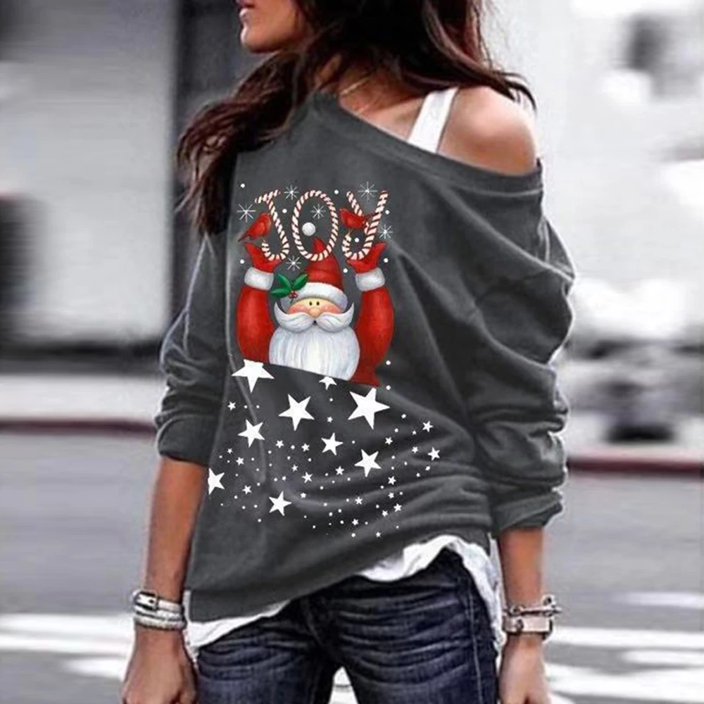 Модные футболки с рождественским узором, Женский пуловер с открытыми плечами, топы с принтом Санта Клауса, повседневные женские футболки с длинными рукавами, топы для женщин