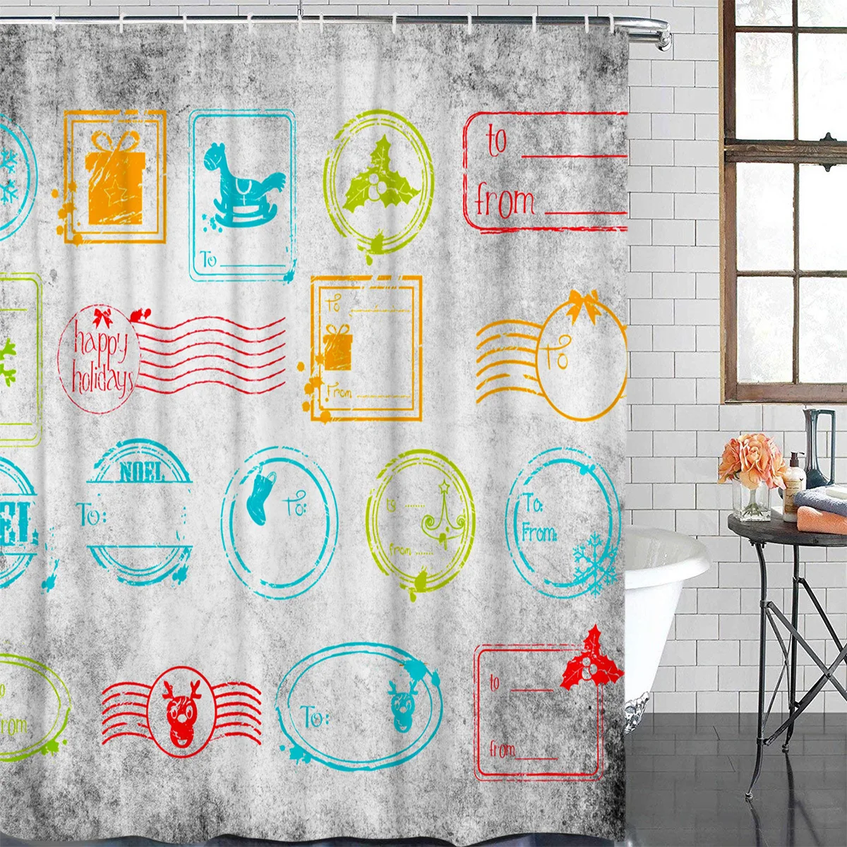 Shower Curtain Waterproof Polyester With 12 Hooks Postmark Mottled Wall Print Background
