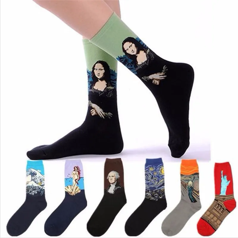 1 пара, мужские носки, Осень-зима, Ретро стиль, для женщин, новинка, художественная роспись Ван Гога, всемирно известная серия масляной живописи, женские носки, забавные носки