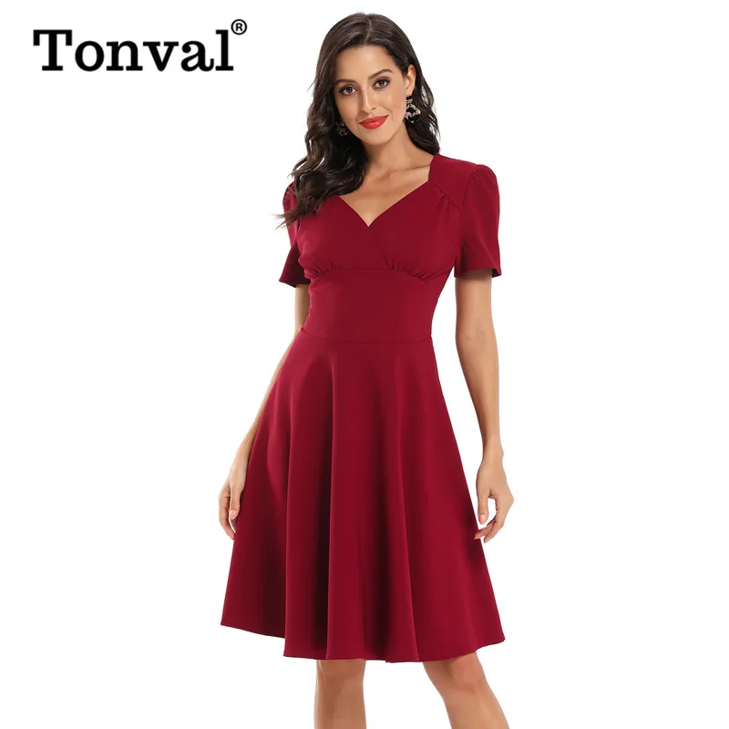 Tonval, однотонное платье с высокой талией, с рюшами, с v-образным вырезом, 1950 S, винтажное платье, свободное платье, весна-лето, женское ТРАПЕЦИЕВИДНОЕ ПЛАТЬЕ средней длины в стиле ретро