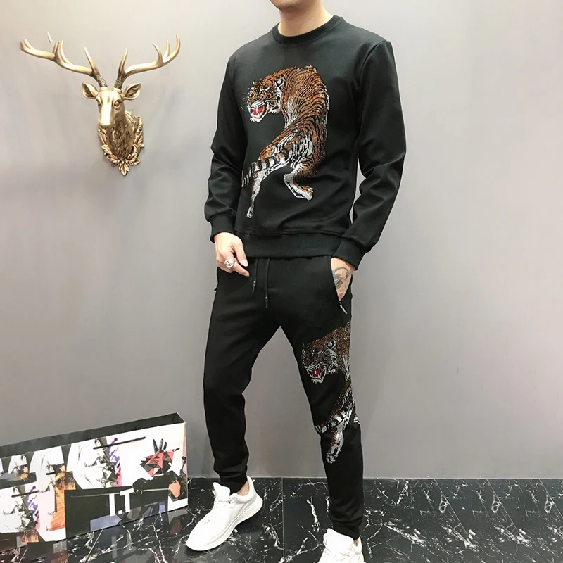 Вышивка бисером мужской набор colorfur tiger спортивный костюм классический черный модный мужской костюм из 2 предметов Осенняя спортивная одежда Бенгальский Тигр