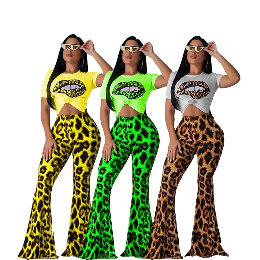 

Autumn summer Women leopard mouth print t-shirt leopard wide leg pants suit two piece set fashion sporty tracksuit outfit