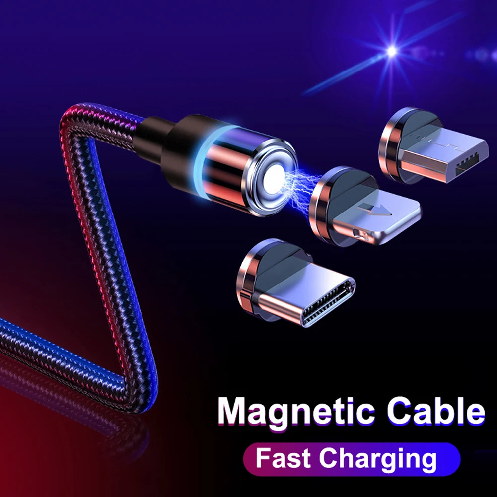 

LED 360° Rotate Round Strong Magnetic Type C Micro USB Fast Charger Cable Nylon Braided Charging Wire For iPhone Huawei Samsung