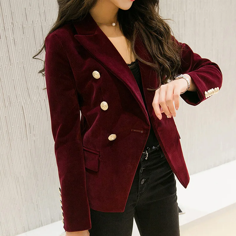 

Women's Double Breasted Slim Velvet Blazer, Ladies' Blazers, OL Clothing, High Grade, OL, Midnight Navy, Simple, Spring, New