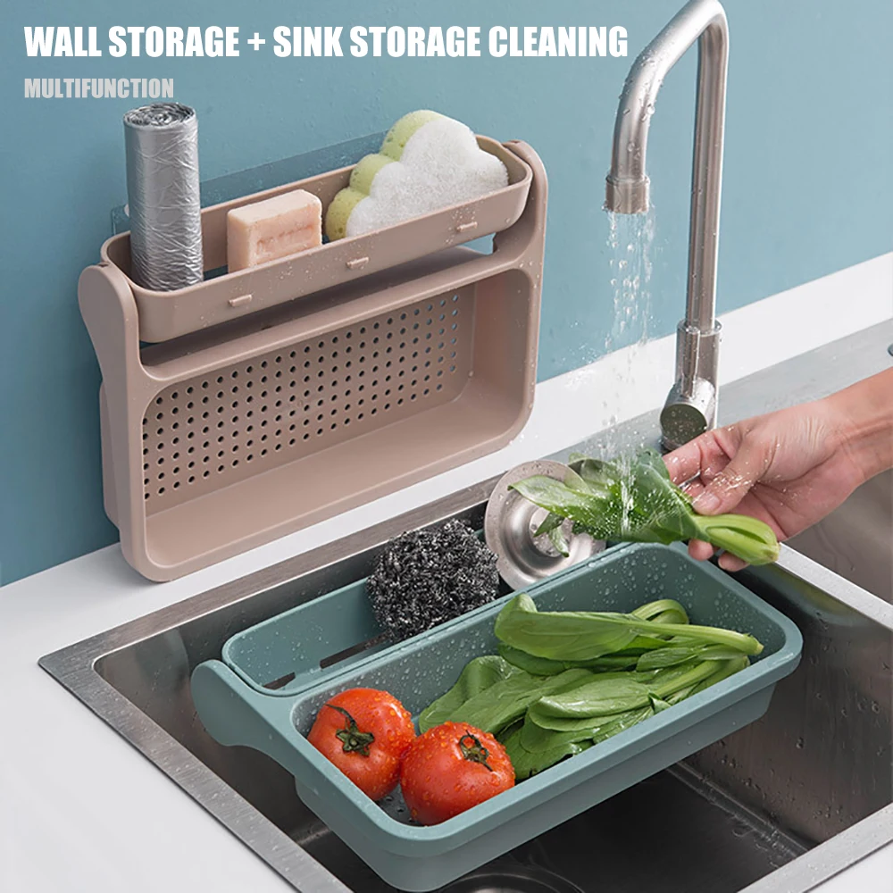 Multifunctional Dish Folding Drain Rack Sink Hanging Storage Rack Kitchen Accessories Punch Free Sponge Dry Towel Organizer