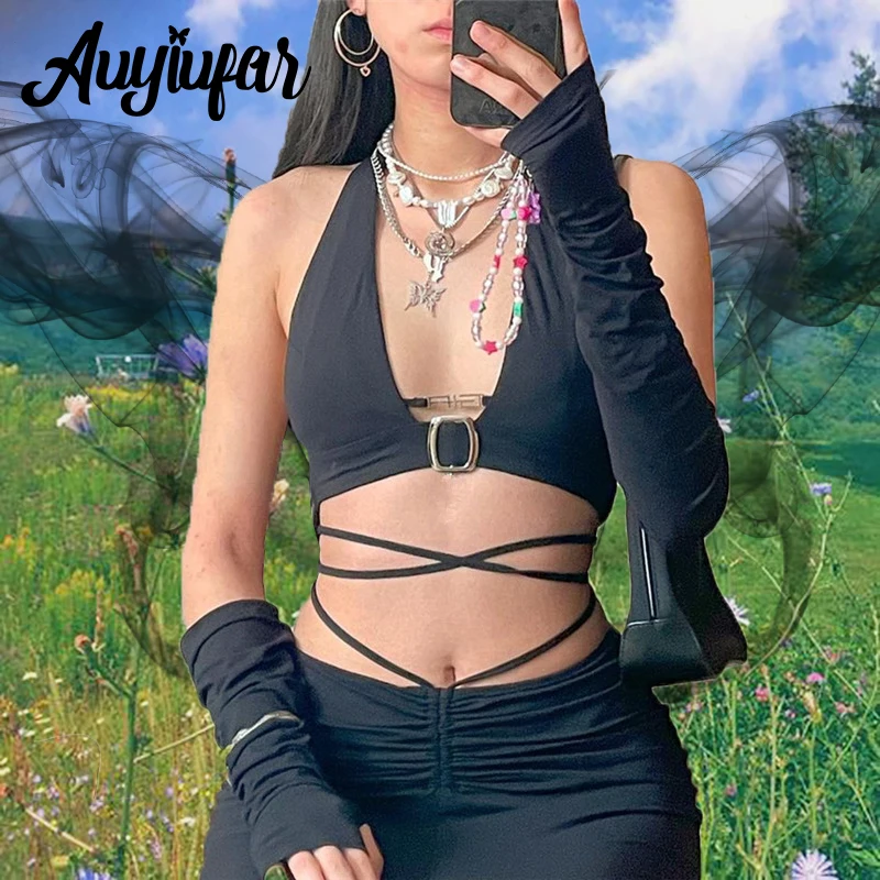 

Auyiufar Sexy Slim Fairy Grunge Halter Top With Sleeves Hollow Out Backless Metal Solid Camisole Cropped V Neck Gothic Clothing