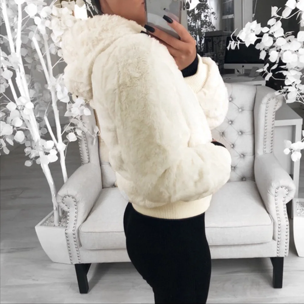 Faux Fur Coat Women With Hood New Oversize Coats High Waist Female Slim Fit Overcoat Tops Winter Warm Plush Jackets Outwear