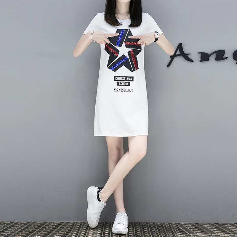 

Dress 2019 Spring New Style WOMEN'S Dress Summer Korean-style Large Size Mid-length Slim Fit Slimming Short Sleeve T-shirt Dress
