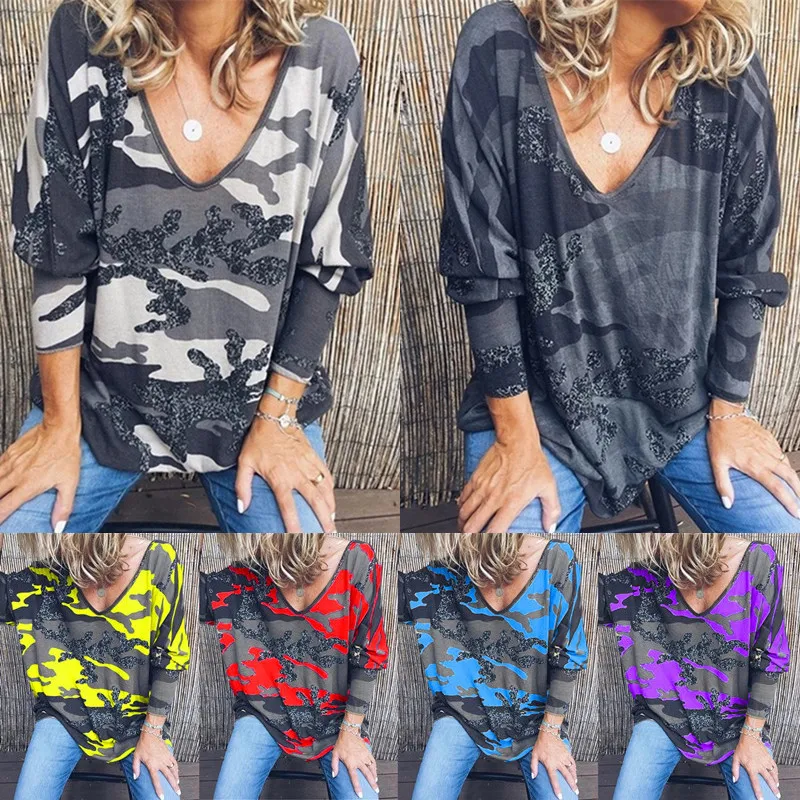 

6 Colors Eight Sizes Autumn Women Street Style Colorblock Camouflage Printed Cool Loose T-shirt