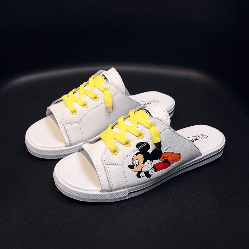 Disney zapatillas de dibujos animados de Mickey mouse para mujer, sandalias  de media resistencia, informales, de cuero, para verano| | - AliExpress
